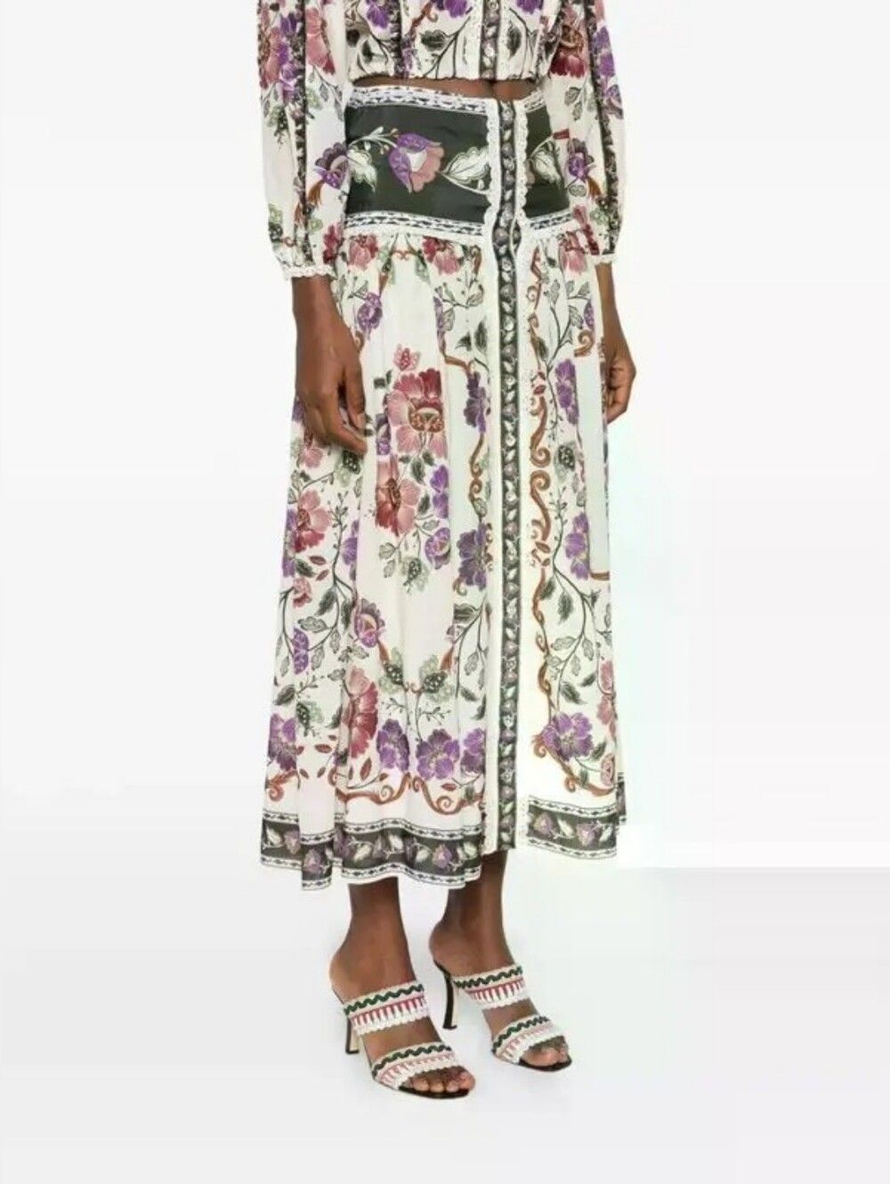 Farm Rio Rococo Floral Midi Ski Floral Button-Front Midi Skirt Large B1